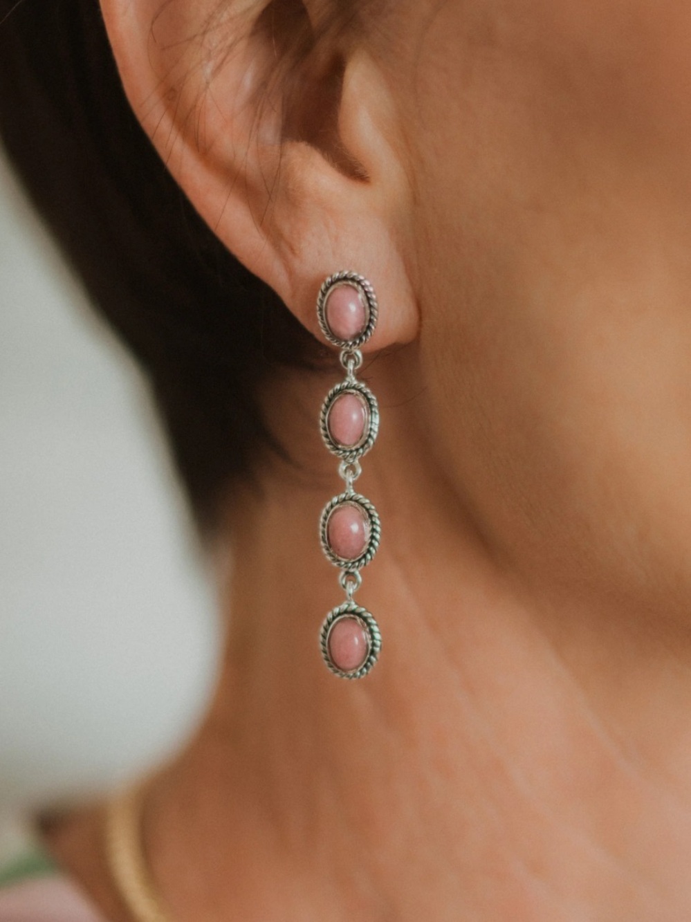 Silver-Tone Pink Stone Linear Drop Earrings